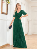 Formal Party Women's Sexy Sequin V-Neck Short Sleeve Fishtail Bridesmaid Long Dress（Processing time need 3-6 days）