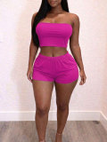 Women's Solid Strapless Crop Top Elastic Waist Shorts Two-Piece Set