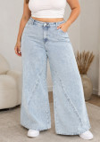 Plus Size Women's Washed Wide Leg Denim High Waist Loose Straight Leg Pants