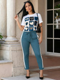 Summer Women's Printed Casual Round Neck Short Sleeve Drawstring Pocket Pants Set