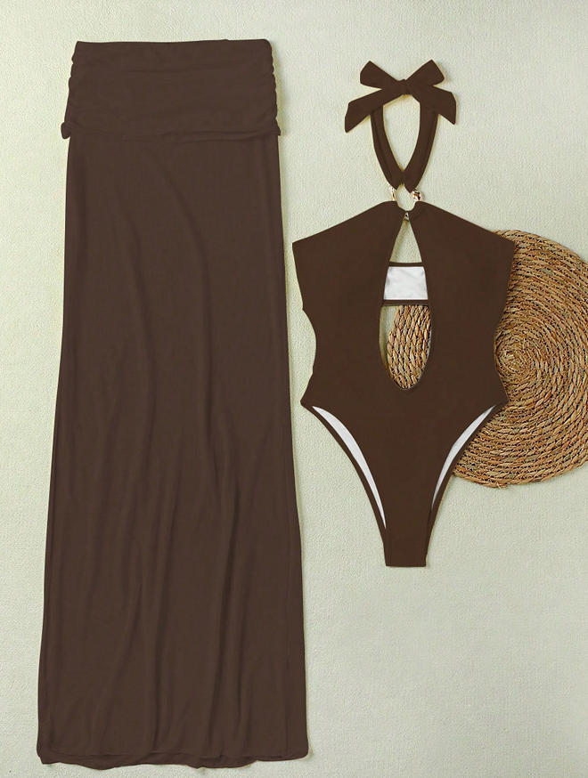 Solid Hollow-Out Halter One-Piece Swimsuit & Skirt Set