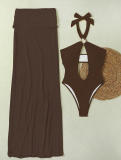 Women's Solid Sexy Hollow Halter Neck One-Piece Swimsuit Skirt Two-Piece Set