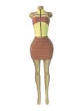 Women's Fashion Color-Block Stripe Halter Neck Sleeveless Slim Fit Skirt Set Two-Piece