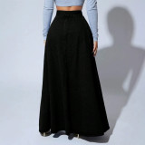 Women's Black High WaistButton Front Slim Fit A-Line Denim Maxi Skirt