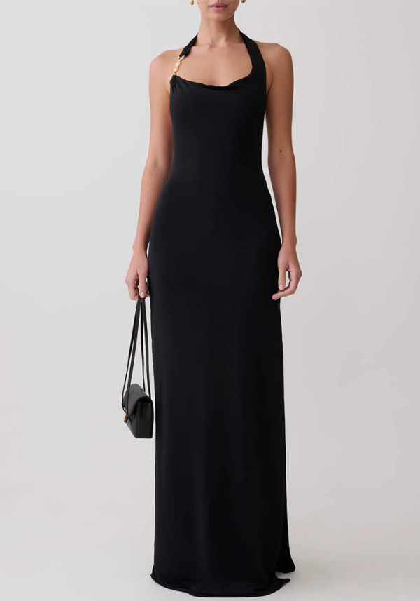 Women's Halter Neck Slit Low Back Straight Casual Dress