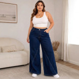 Plus Size Women's Washed Wide Leg Denim High Waist Loose Straight Leg Pants