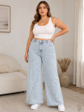 Plus Size Women's Washed Wide Leg Denim High Waist Loose Straight Leg Pants