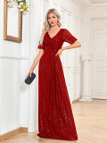 Formal Party Women's Sexy Sequin V-Neck Short Sleeve Fishtail Bridesmaid Long Dress（Processing time need 3-6 days）