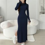Women's Casual Solid Long Sleeve Slim Side Slit Bodycon Dress