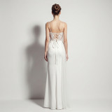 Sheer Lace Asymmetric Pleated High Slit Formal Evening Dress