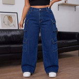 Women's Washed Cargo Denim High Waist Loose Wide Leg Multi-Pocket Pants