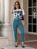 Summer Women's Printed Casual Round Neck Short Sleeve Drawstring Pocket Pants Set