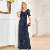 Formal Party Women's Sexy Sequin V-Neck Short Sleeve Fishtail Bridesmaid Long Dress（Processing time need 3-6 days）