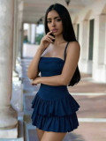 Summer Women's Solid Halter Neck Double Layer Puff Sexy Low Back Slim Waist Dress