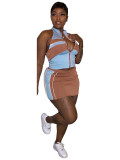 Women's Fashion Color-Block Stripe Halter Neck Sleeveless Slim Fit Skirt Set Two-Piece