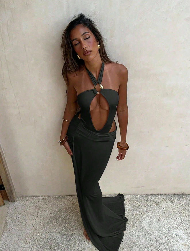 Solid Hollow-Out Halter One-Piece Swimsuit & Skirt Set