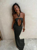 Women's Solid Sexy Hollow Halter Neck One-Piece Swimsuit Skirt Two-Piece Set