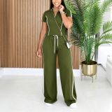 Women's Stand Collar Half-Zip Short Sleeve Top Side Stripe Wide-Leg Pants Casual Two-Piece Set