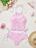 Women's Sexy Print Color-Block Crop Halter Neck High Waist Loose Shorts Sports Set