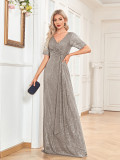 Formal Party Women's Sexy Sequin V-Neck Short Sleeve Fishtail Bridesmaid Long Dress（Processing time need 3-6 days）