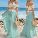 Crochet Hollow Patchwork Chiffon Beach Cover-Up Two-Piece Skirt Set