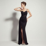 Sheer Lace Asymmetric Pleated High Slit Formal Evening Dress