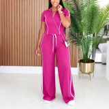 Women's Stand Collar Half-Zip Short Sleeve Top Side Stripe Wide-Leg Pants Casual Two-Piece Set