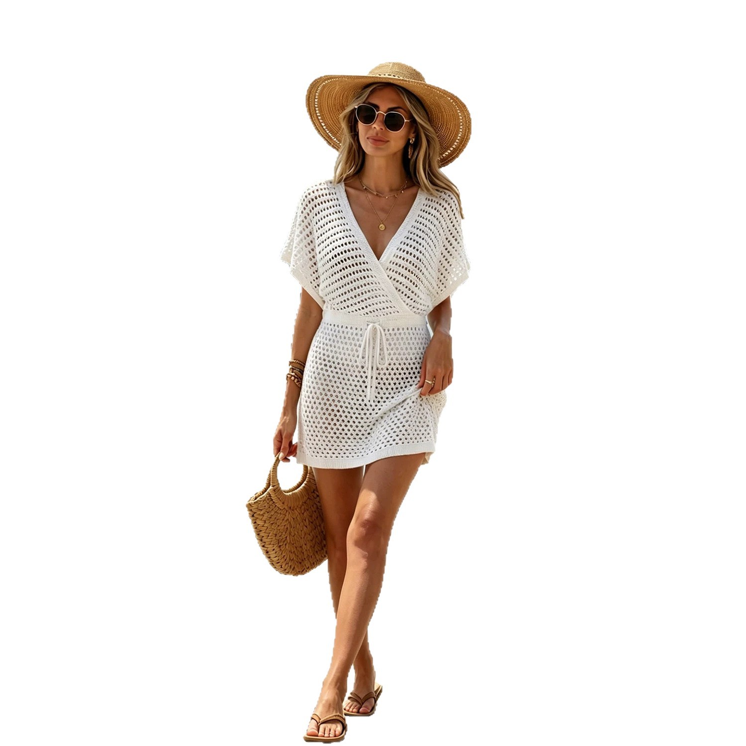 Deep V Lace-Up Hollow-Out Beach Cover-Up Dress