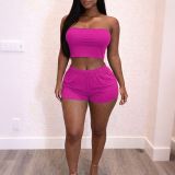 Women's Solid Strapless Crop Top Elastic Waist Shorts Two-Piece Set