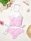Women's Sexy Print Color-Block Crop Halter Neck High Waist Loose Shorts Sports Set