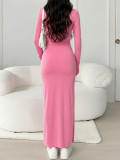 Women's Casual Solid Long Sleeve Slim Side Slit Bodycon Dress