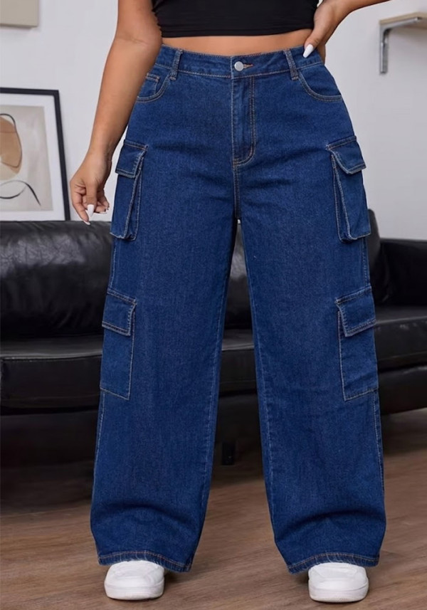 Women's Washed Cargo Denim High Waist Loose Wide Leg Multi-Pocket Pants