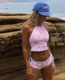 Women's Sexy Print Color-Block Crop Halter Neck High Waist Loose Shorts Sports Set