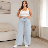 Plus Size Women's Washed Wide Leg Denim High Waist Loose Straight Leg Pants