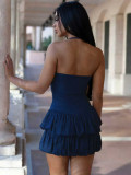 Summer Women's Solid Halter Neck Double Layer Puff Sexy Low Back Slim Waist Dress