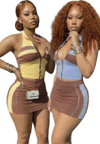 Women's Fashion Color-Block Stripe Halter Neck Sleeveless Slim Fit Skirt Set Two-Piece
