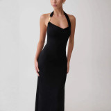 Women's Halter Neck Slit Low Back Straight Casual Dress