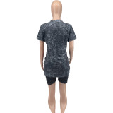 Women Printed Short Sleeve Top and Shorts Casual Sports Two-Piece Set