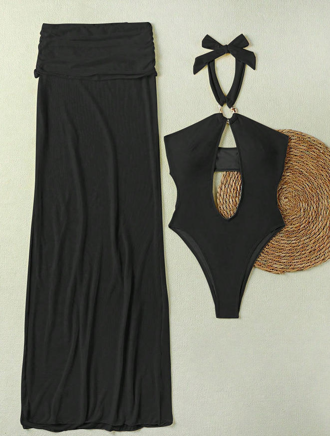 Solid Hollow-Out Halter One-Piece Swimsuit & Skirt Set
