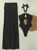Women's Solid Sexy Hollow Halter Neck One-Piece Swimsuit Skirt Two-Piece Set