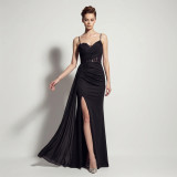 Sheer Lace Asymmetric Pleated High Slit Formal Evening Dress