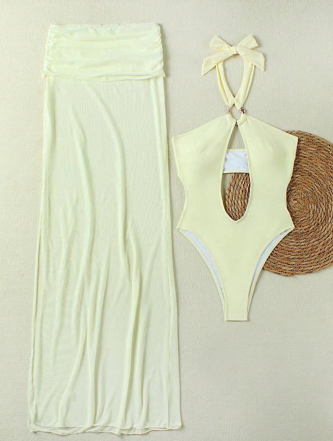 Solid Hollow-Out Halter One-Piece Swimsuit & Skirt Set