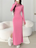 Women's Casual Solid Long Sleeve Slim Side Slit Bodycon Dress