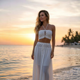 Crochet Hollow Patchwork Chiffon Beach Cover-Up Two-Piece Skirt Set