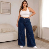 Plus Size Women's Washed Wide Leg Denim High Waist Loose Straight Leg Pants