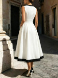 Summer Women's Color-Block V-Neck Slim Waist Solid Chic Elegant Long Dress