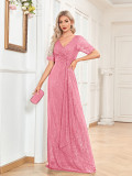 Formal Party Women's Sexy Sequin V-Neck Short Sleeve Fishtail Bridesmaid Long Dress（Processing time need 3-6 days）