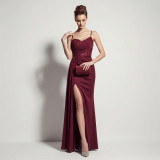 Sheer Lace Asymmetric Pleated High Slit Formal Evening Dress
