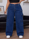 Women's Washed Cargo Denim High Waist Loose Wide Leg Multi-Pocket Pants