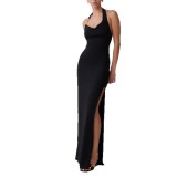 Women's Halter Neck Slit Low Back Straight Casual Dress